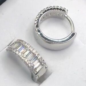Timeless 18k White Gold Plated  Baguette Cut  Cz Diamond Huggies
